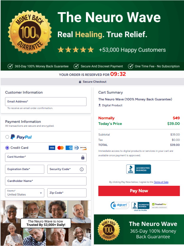 Secure checkout page for The Neuro Wave™ on the neurowaves website, giving instant access to neuro brain wave therapy, neurowave therapy, and digital resources like neurowave therapy pdf. Read genuine neurowave reviews before purchase.